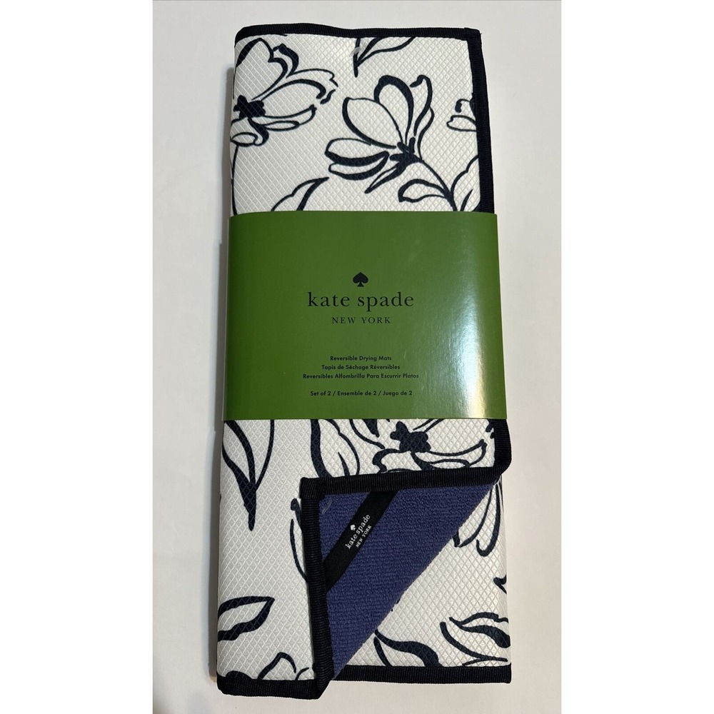 Kate Spade 2 Reversible Kitchen Dish Drying Mats Floral White Navy Blue New Tags